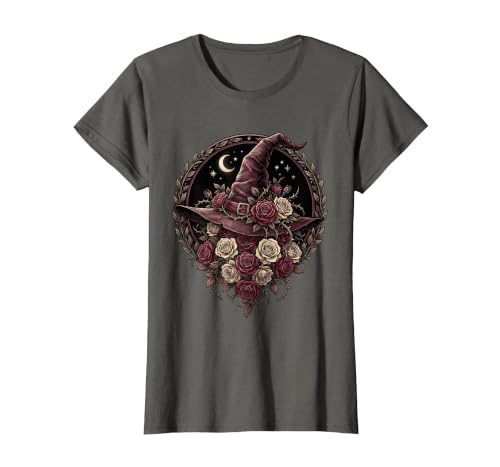 Mademark Witch Hat Black Roses Halloween Women's Design T-Shirt - size chart