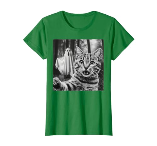 Halloween Cat Selfie with Spooky Ghost t -shir t Halloween Cat Selfie with Spooky Ghost T-Shirt - size chart