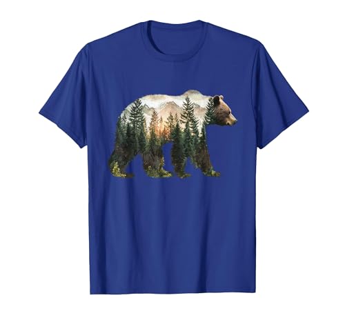 Bear Designs. Bear Forest Mountains Trees Nature Sunset Outdoor Graphic T-Shirt - size chart