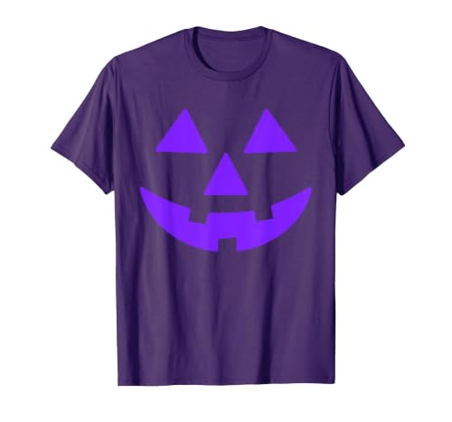 Trick or Treat Funny Halloween Costumes Party Tees Jack O Lantern Scary Carved Pumpkin Face Halloween Purple T-Shirt - size