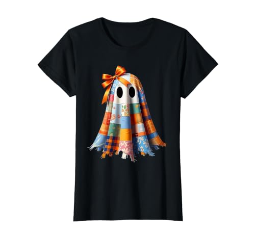Patchwork Quilt Ghost Halloween Quilter Autumn Tee Patchwork Ghost Quilt Halloween Quilter Fall Autumn Bow Cute T-Shirt -
