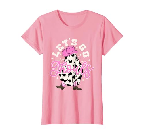 Let's Go Ghouls Cow Print Halloween Costumes Let's Go Ghouls Cowgirl Western Spooky Halloween Cute Retro T-Shirt - size chart