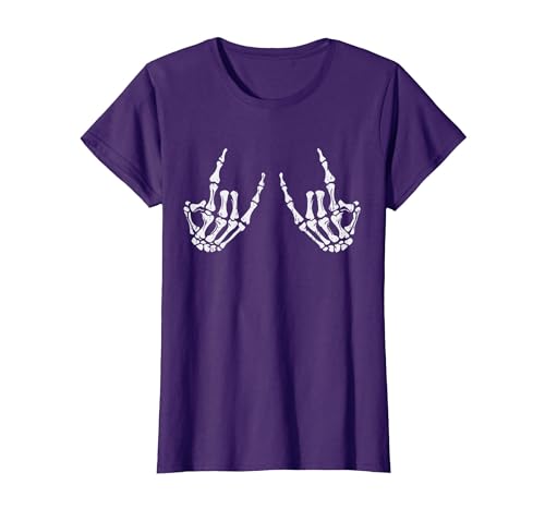 Halloween Tees for Women Men Kids Rocker Hand Sign Rock Skeleton Halloween Costume Men Women T-Shirt - size chart
