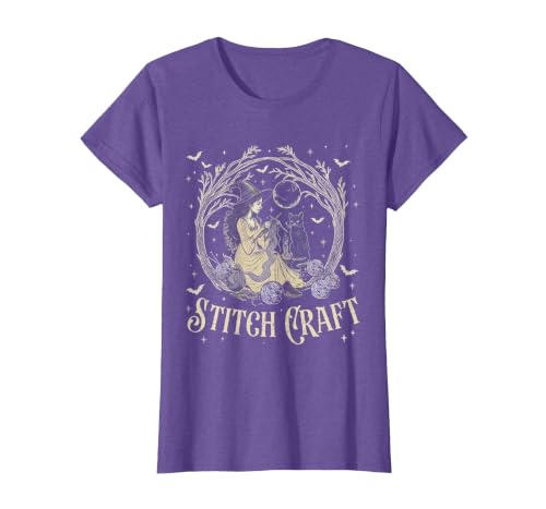 Witch Black Cat Halloween Witches Crochet Womens Stitch Craft Salem Witch Halloween Cat Witch Girls Trip T-Shirt - size chart
