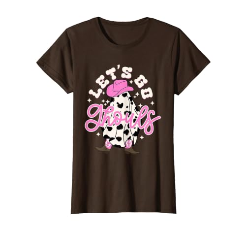 Let's Go Ghouls Cow Print Halloween Costumes Let's Go Ghouls Cowgirl Western Spooky Halloween Cute Retro T-Shirt - size chart