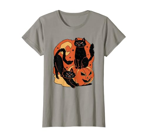 Halloween scary black cat Vintage Scary Halloween Black Cats and Pumpkin T-Shirt - size chart