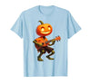 Funny Pumpkin Head Halloween Ukulele Tees Pumpkin Face Playing Ukulele Halloween Costume Men Boys Kids T-Shirt - size chart
