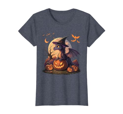 Halloween Dragons Fantasy Spooky Witchy Cute Halloween Dragon Witch Hat Pumpkin Moon Fantasy T-Shirt - size chart