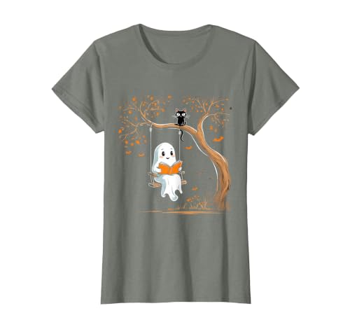 Halloween Ghost Swing Reading Vintage Ghost Swing Reading Book Swinging Halloween Costume T-Shirt - size chart
