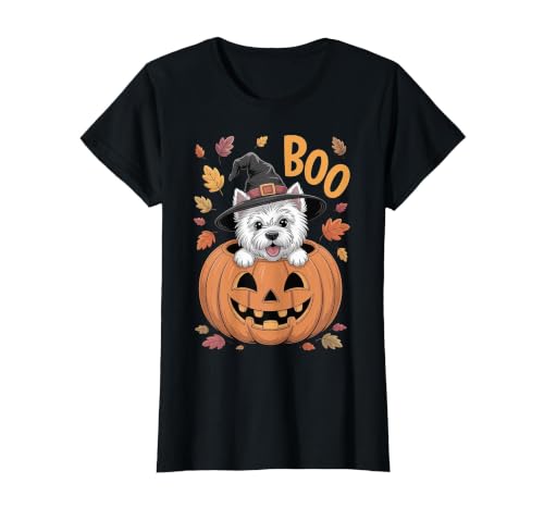 Westie Halloween kids, women, men Westie Costume Pumpkin Halloween West Highland White Terrier T-Shirt - size chart