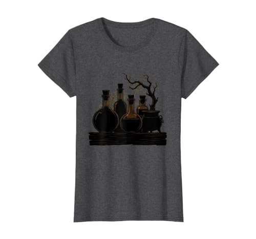 Mademark Vintage Halloween Potion Bottles Dusty Shelf T-Shirt - size chart