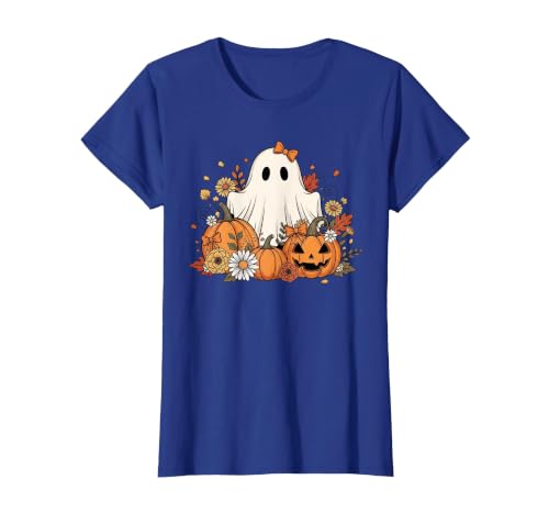 Ghost Halloween Flower Costume Floral Women Cute Ghost with Flower Halloween Pumpkin Autumn Women T-Shirt - size chart