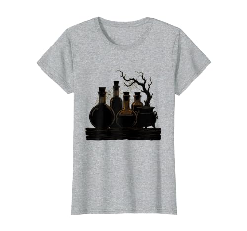 Mademark Vintage Halloween Potion Bottles Dusty Shelf T-Shirt - size chart
