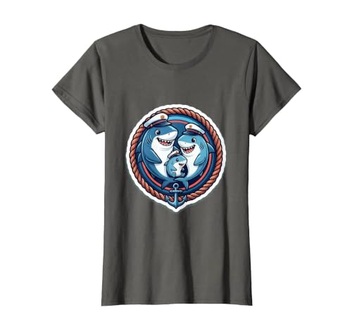 Mademark Family Cruise Matching Cartoon Sharks Sailor Hats T-Shirt - Baby Blue