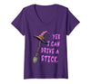 Halloween Spooky Season Women's Yes I Can Drive A Stick Funny Witch Hat Halloween Funny V-Neck T-Shirt - size chart