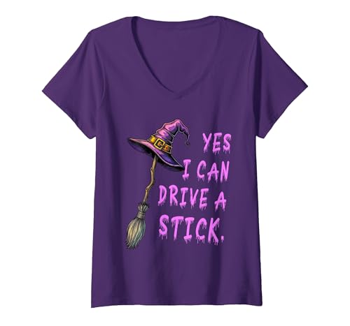 Halloween Spooky Season Women's Yes I Can Drive A Stick Funny Witch Hat Halloween Funny V-Neck T-Shirt - size chart