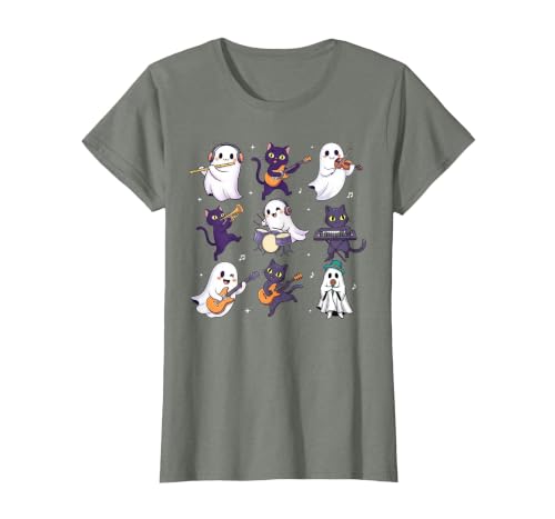 Halloween Music Teacher Ghost Music Lover Cute Ghost Cat Playing Musical Halloween Music Teacher T-Shirt - size chart