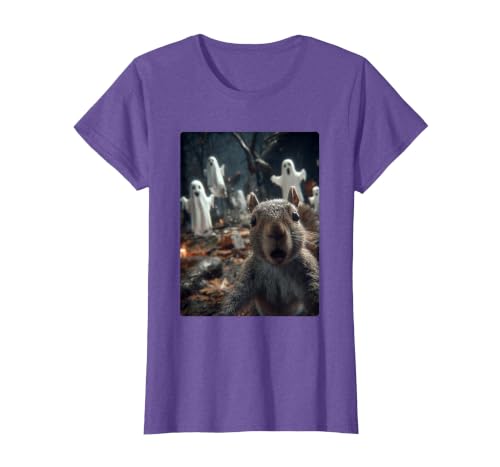 Funny Halloween Animals Selfies Clothing Funny Squirrel Selfie with Ghosts Haunted Forest Halloween T-Shirt - size chart
