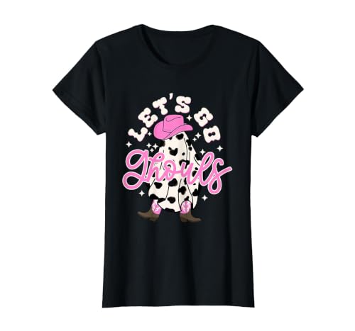 Let's Go Ghouls Cow Print Halloween Costumes Let's Go Ghouls Cowgirl Western Spooky Halloween Cute Retro T-Shirt - size chart