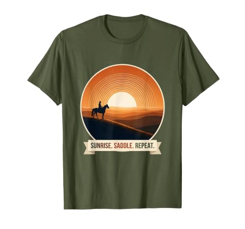 Mademark Sunrise Saddle Repeat Horse Rider Silhouette Design T-Shirt - Men - size chart