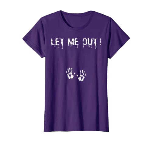 Spooky Halloween Costume Outfit Vintage Let Me Out Pregnancy Hand Print Pregnant Halloween T-Shirt - size chart