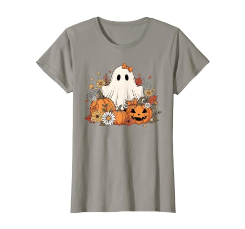 Ghost Halloween Flower Costume Floral Women Cute Ghost with Flower Halloween Pumpkin Autumn Women T-Shirt - size chart