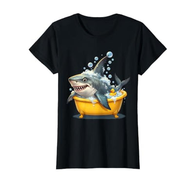Shark in a Tiny Rubber Duck Bathtub Funny Art T-Shirt
