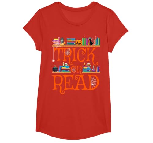 Trick or Read Funny Halloween Teacher Book Library Reading T-Shirt - size chart