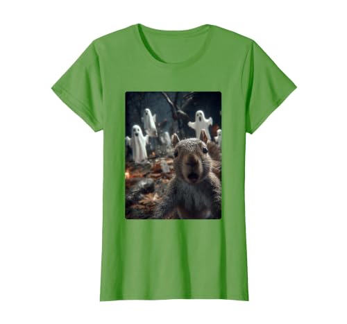 Funny Halloween Animals Selfies Clothing Funny Squirrel Selfie with Ghosts Haunted Forest Halloween T-Shirt - size chart