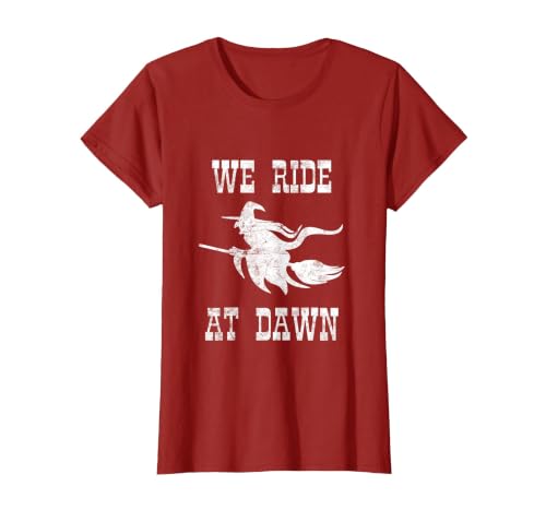 Halloween Witch Broomstick Costume Shop We Ride At Dawn Spooky Witch Broomstick Halloween Costume T-Shirt - size chart