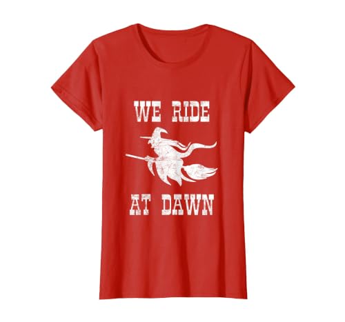 Halloween Witch Broomstick Costume Shop We Ride At Dawn Spooky Witch Broomstick Halloween Costume T-Shirt - size chart