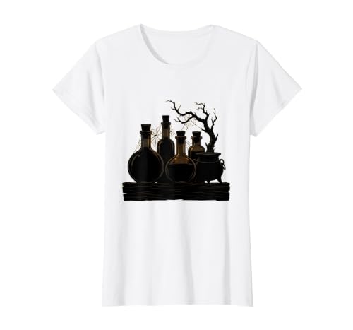 Mademark Vintage Halloween Potion Bottles Dusty Shelf T-Shirt - size chart