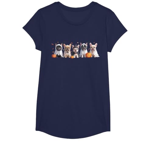 Funny Ghost Dog Halloween Girls Kids Cute French Bulldog Halloween Costume Frenchie Dog Ghost T-Shirt - size chart