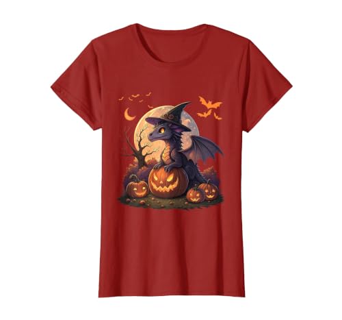 Halloween Dragons Fantasy Spooky Witchy Cute Halloween Dragon Witch Hat Pumpkin Moon Fantasy T-Shirt - size chart