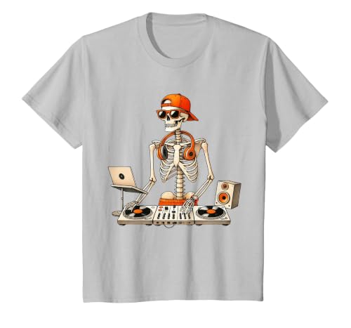 Funny Skeleton DJ Halloween Men Outfit Skeleton DJ Halloween Costume Turntable Music Funny Men Boys T-Shirt - size chart