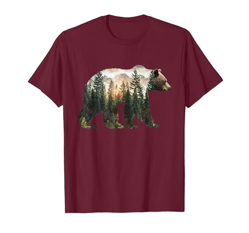 Bear Designs. Bear Forest Mountains Trees Nature Sunset Outdoor Graphic T-Shirt - size chart