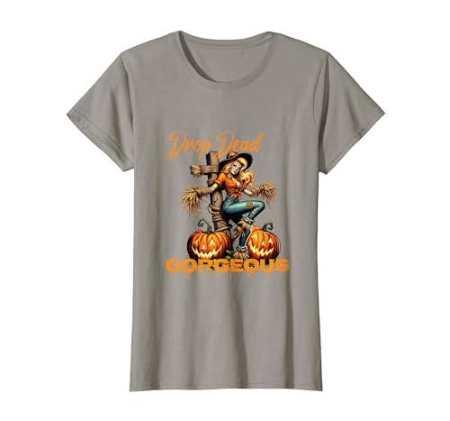 Evil Hot Wife Girlfriend Fiance Halloween Gift Tee Drop Dead Gorgeous Retro Vintage Pin-Up Scarecrow Halloween T-Shirt -