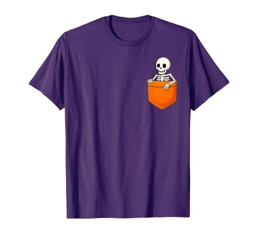 Halloween Spooky Funny Design Skeleton in Pocket Halloween Spooky Funny Skull Costume T-Shirt - size chart