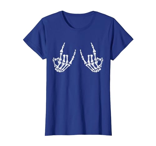 Halloween Tees for Women Men Kids Rocker Hand Sign Rock Skeleton Halloween Costume Men Women T-Shirt - size chart