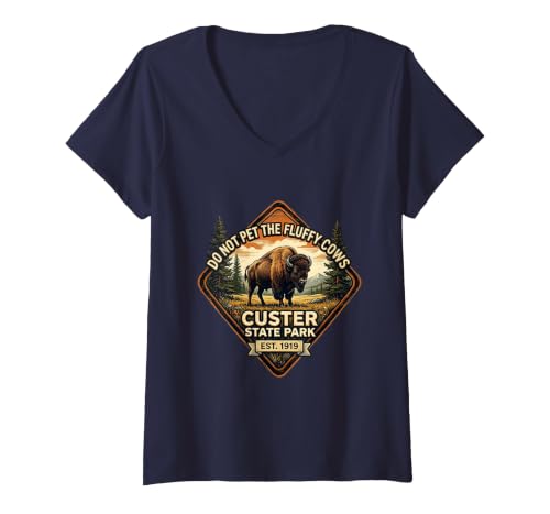 Mademark Women's Do Not Pet The Fluffy Cows Custer State Park Design V-Neck T-Shirt - size chart