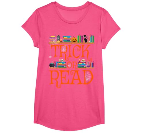 Trick or Read Funny Halloween Teacher Book Library Reading T-Shirt - size chart