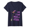 Halloween Spooky Season Women's Yes I Can Drive A Stick Funny Witch Hat Halloween Funny V-Neck T-Shirt - size chart