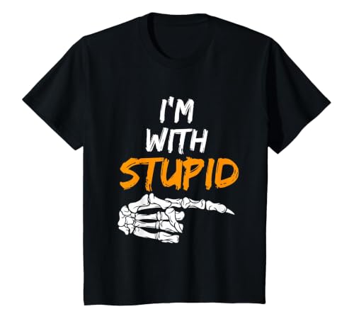 I'm With Stupid Shirts I'm with Stupid Skeleton Hand Pointing Right Funny Halloween T-Shirt - size chart