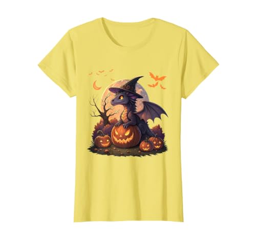 Halloween Dragons Fantasy Spooky Witchy Cute Halloween Dragon Witch Hat Pumpkin Moon Fantasy T-Shirt - size chart