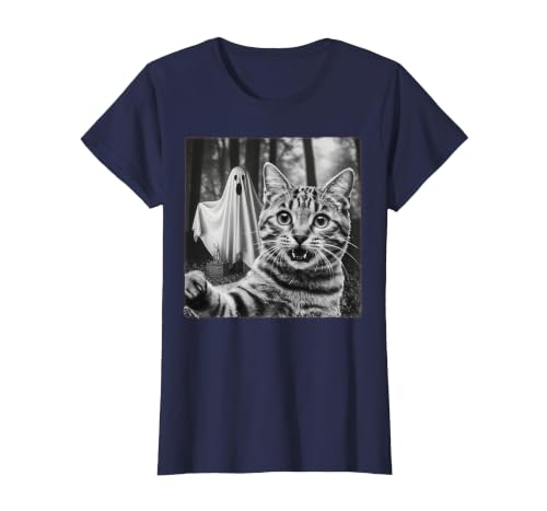Halloween Cat Selfie with Spooky Ghost t -shir t Halloween Cat Selfie with Spooky Ghost T-Shirt - size chart