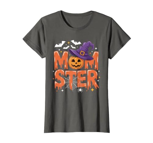 Mom-ster Halloween Funny Witch Hat Pumpkin Mom Momster Mom Mommy Matching Family Halloween Costume Women T-Shirt - size chart