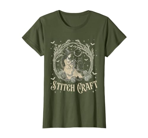 Witch Black Cat Halloween Witches Crochet Womens Stitch Craft Salem Witch Halloween Cat Witch Girls Trip T-Shirt - size chart