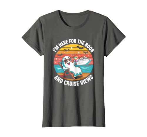 Boos Cruise Halloween Ghost Drinking Gifts Here for The Boos and Cruise Views Halloween Party T-Shirt - size chart