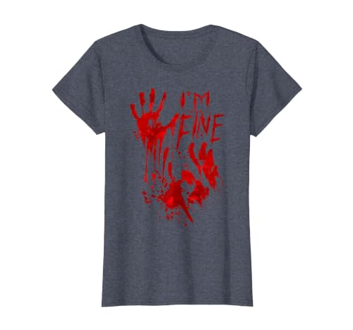 InGENIUS Halloween Shirts & Gifts I'm Fine Bloody Hand Blood Stained Splatter Funny Halloween T-Shirt - size chart