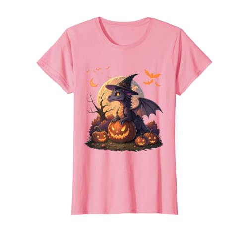 Halloween Dragons Fantasy Spooky Witchy Cute Halloween Dragon Witch Hat Pumpkin Moon Fantasy T-Shirt - size chart